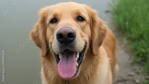  a golden retriever with its tongue out, standing in front of a body of water surrounded by lush green grass