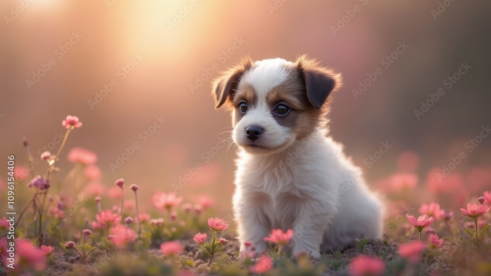 a small white and brown puppy sitting in a field of pink flowers, surrounded by lush green plants The background is slightly blurred, giving the image a dreamy fee a small white and brown puppy sitting in a field of pink flowers, surrounded by lush green plants The background is slightly blurred, giving the image a dreamy fee