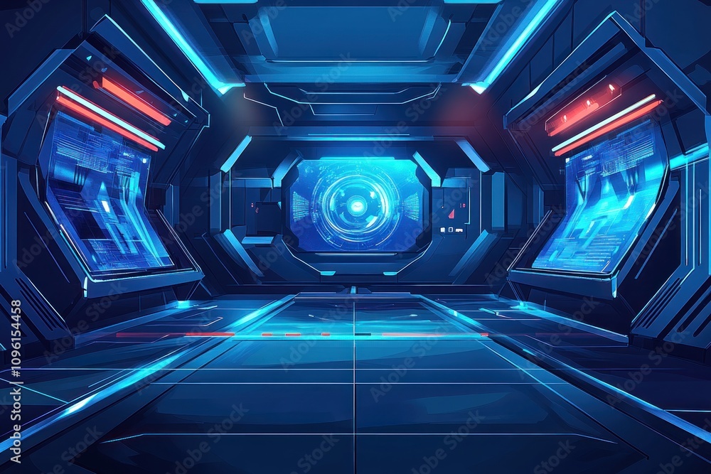 Futuristic interior with glowing panels and a central display, suggesting advanced technology. Futuristic interior with glowing panels and a central display, suggesting advanced technology.