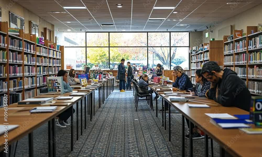 A bright library with people studying and reading books. A bright library with people studying and reading books.