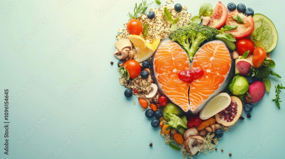 Heart-shaped arrangement of fresh vegetables, fruits, and fish promoting healthy food choices for heart health in a toned top view setting. Ample copy space available. Heart-shaped arrangement of fresh vegetables, fruits, and fish promoting healthy food choices for heart health in a toned top view setting. Ample copy space available.