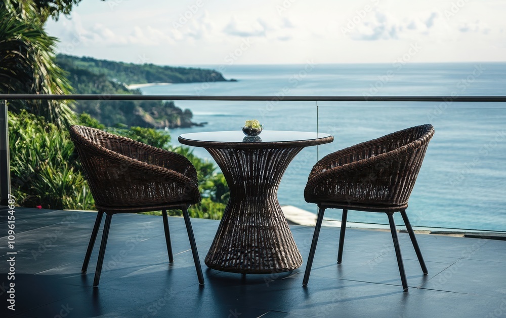 A round table with two chairs on a balcony overlooking a serene sea view, featuring dark brown rattan furniture with no armrests on a black tiled floo A round table with two chairs on a balcony overlooking a serene sea view, featuring dark brown rattan furniture with no armrests on a black tiled floo
