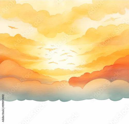 Watercolor sky showcases golden clouds, soft hues, flying birds, serene light, and a peaceful atmosphere.