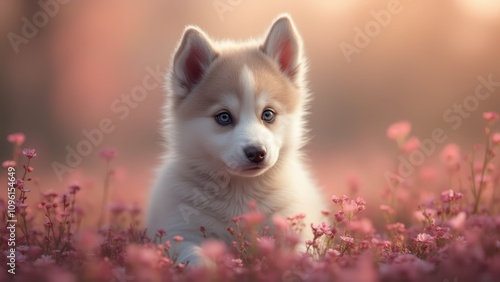  a white and brown Siberian Husky puppy sitting in a field of pink flowers, with a blurred background