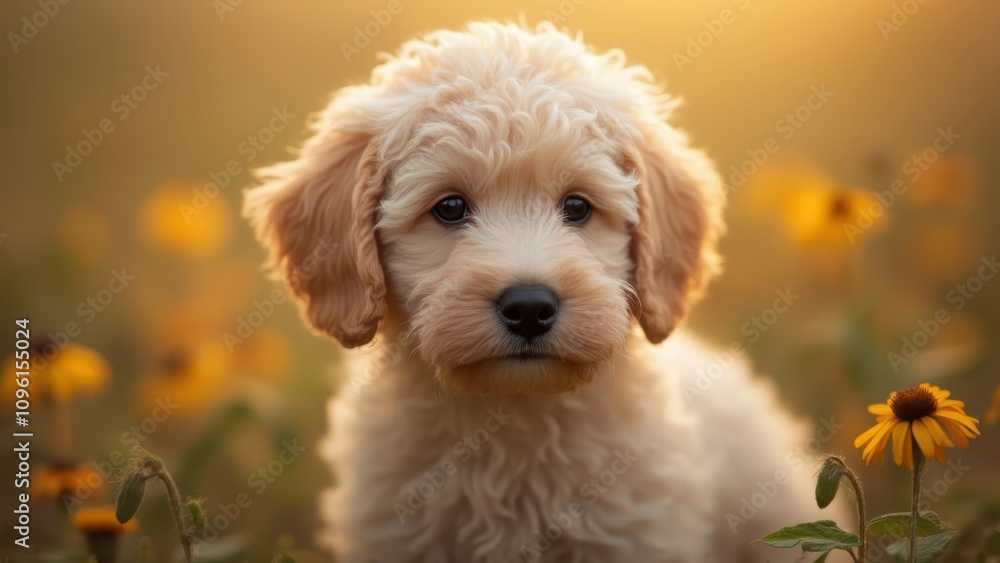 a small white dog sitting in a field of yellow flowers, surrounded by lush green plants The background is slightly blurred, giving the image a dreamy feel a small white dog sitting in a field of yellow flowers, surrounded by lush green plants The background is slightly blurred, giving the image a dreamy feel