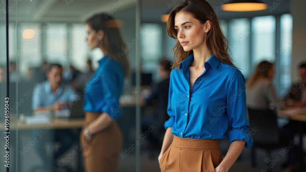 a woman in a blue shirt and brown skirt standing in front of a glass wall, surrounded by a group of people sitting on chairs and some standing on the floor There i a woman in a blue shirt and brown skirt standing in front of a glass wall, surrounded by a group of people sitting on chairs and some standing on the floor There i