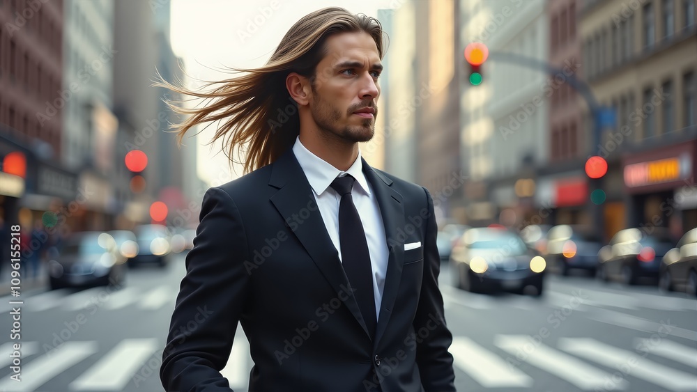 a man in a suit and tie standing on a city street, surrounded by vehicles, traffic signals, and buildings The background is slightly blurred, giving the image a se a man in a suit and tie standing on a city street, surrounded by vehicles, traffic signals, and buildings The background is slightly blurred, giving the image a se