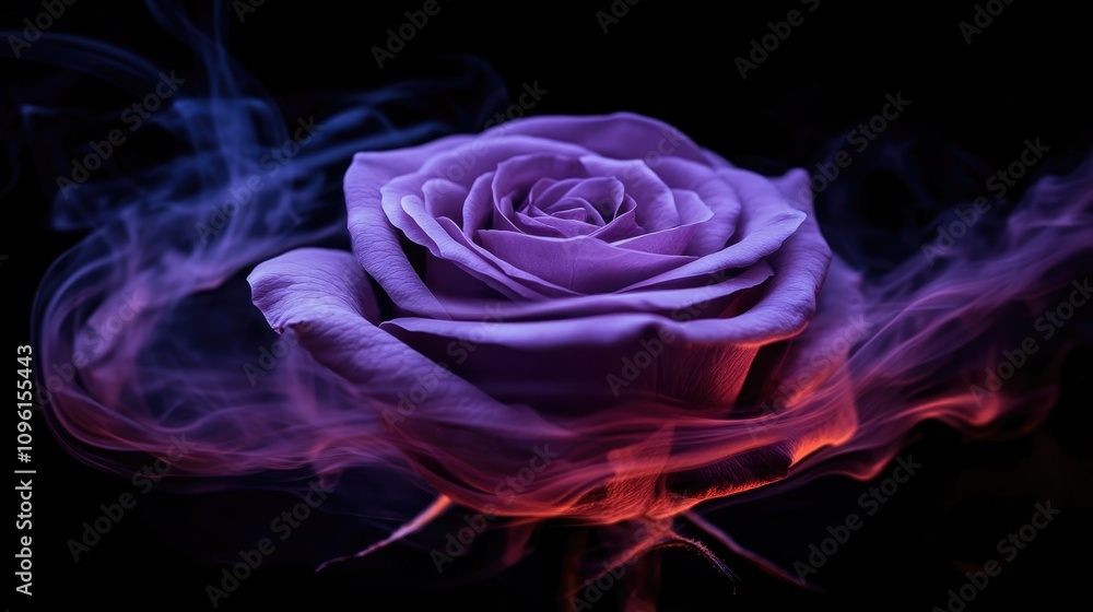 Purple rose surrounded by ethereal red and violet smoke set against a deep black background, creating a striking and mystical contrast. Purple rose surrounded by ethereal red and violet smoke set against a deep black background, creating a striking and mystical contrast.