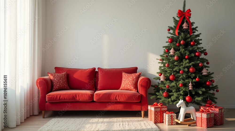 Christmas tree near a red couch in the living room. Christmas tree near a red couch in the living room.