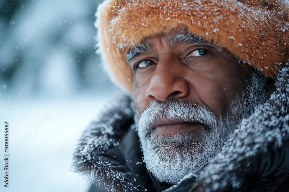 Elderly man in winter gear with frosted beard in snowy landscape Elderly man in winter gear with frosted beard in snowy landscape