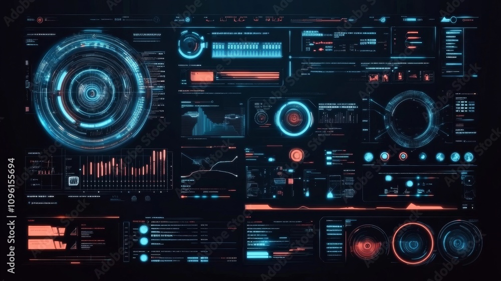 Futuristic Interface Elements in Dark Blue Grid Pattern with Unique Designs Futuristic Interface Elements in Dark Blue Grid Pattern with Unique Designs