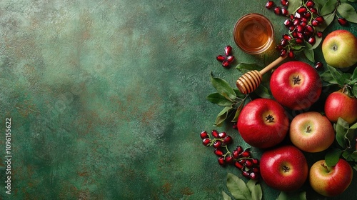 Jewish New Year celebration featuring fresh apples, pomegranates, and honey on a textured green background with space for text. photo