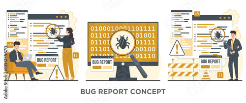 Bug report magnifier bug Bug Tracking Tool Protection from Computer Viruses in a Website Security Software tester concept illustration