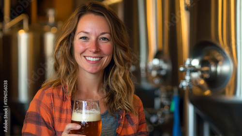 Smiling Woman Brewing Craft Beer Proudly in a Vibrant Brewery