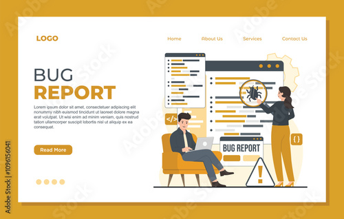 Bug report landing page template magnifier bug Bug Tracking Tool Protection from Computer Viruses in a Website Security Software tester concept illustration