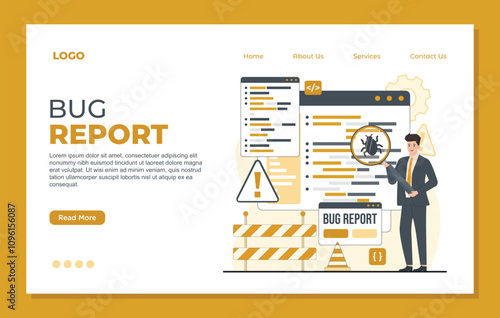 Bug report landing page template magnifier bug Bug Tracking Tool Protection from Computer Viruses in a Website Security Software tester concept illustration