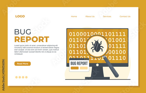 Bug report landing page template magnifier bug Bug Tracking Tool Protection from Computer Viruses in a Website Security Software tester concept illustration