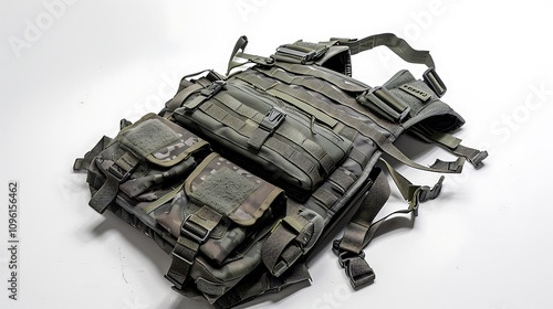 Side view of a tactical Army backpack with straps and compartments isolated on a white background. photo