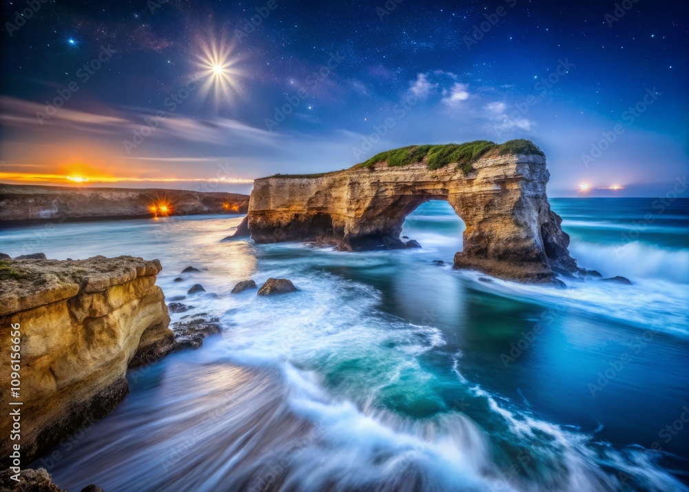 Stunning Night Photography of Natural Bridge in Santa Cruz - Captivating Coastal Views with Starry Skies and Ocean Waves, Perfect for Nature Lovers and Photography Enthusiasts Stunning Night Photography of Natural Bridge in Santa Cruz - Captivating Coastal Views with Starry Skies and Ocean Waves, Perfect for Nature Lovers and Photography Enthusiasts