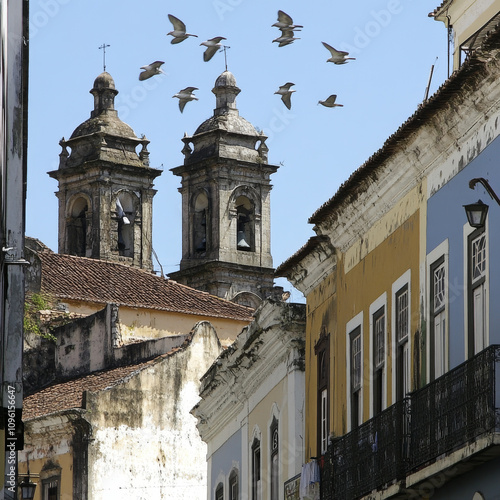 Facades of the houses, towers and churches of ancient district of Pelourinho in the beautiful city of Salvador, Bahia