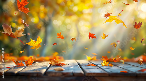 Autumn Maple Leaves: Maple leaves on a wooden table, capturing the essence of falling leaves and autumn�s natural beauty. photo