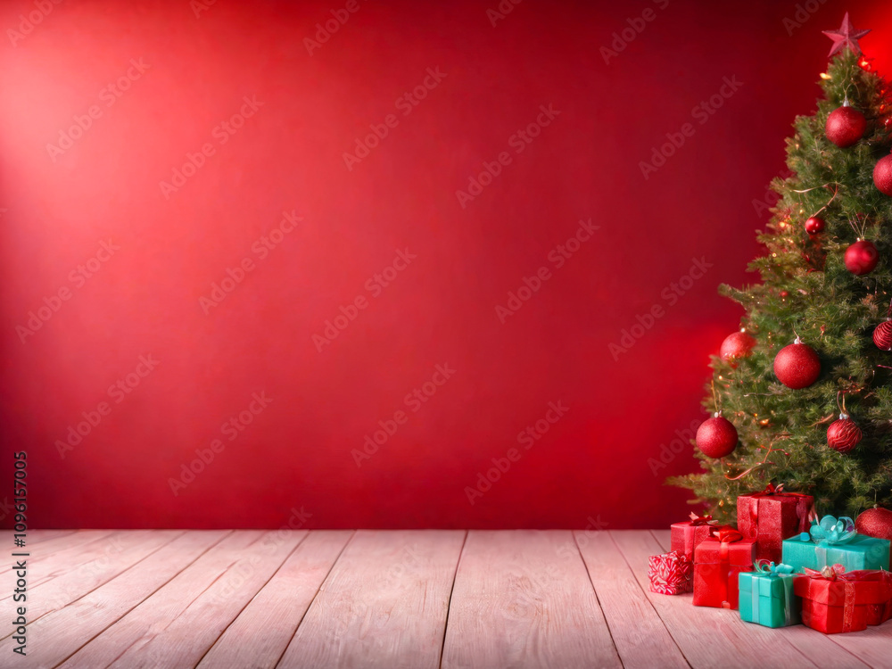 Christmas Presents Under Tree Against Red Wall Christmas Presents Under Tree Against Red Wall
