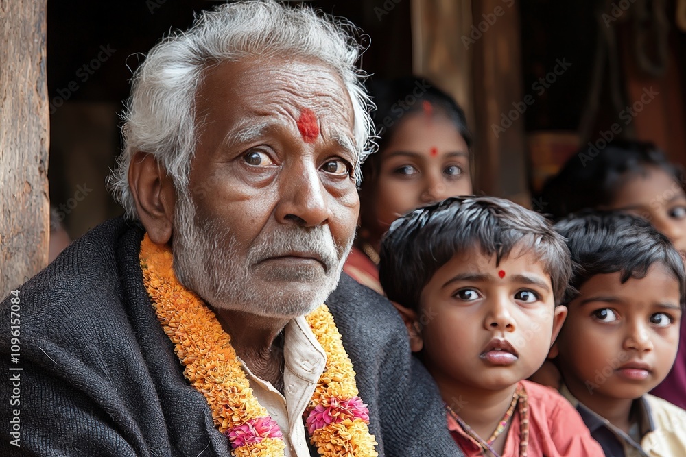 Elderly man with children in traditional attire celebrating indian culture Elderly man with children in traditional attire celebrating indian culture