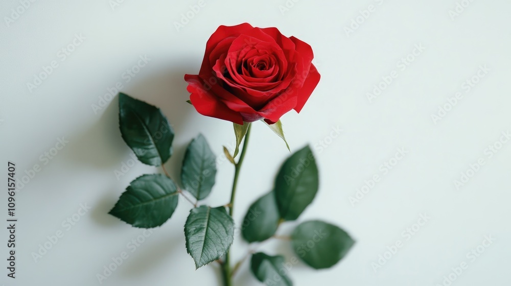 Fototapeta premium Elegant red rose with lush green leaves isolated on a soft white background, highlighting the intricate details in a macro close-up view.