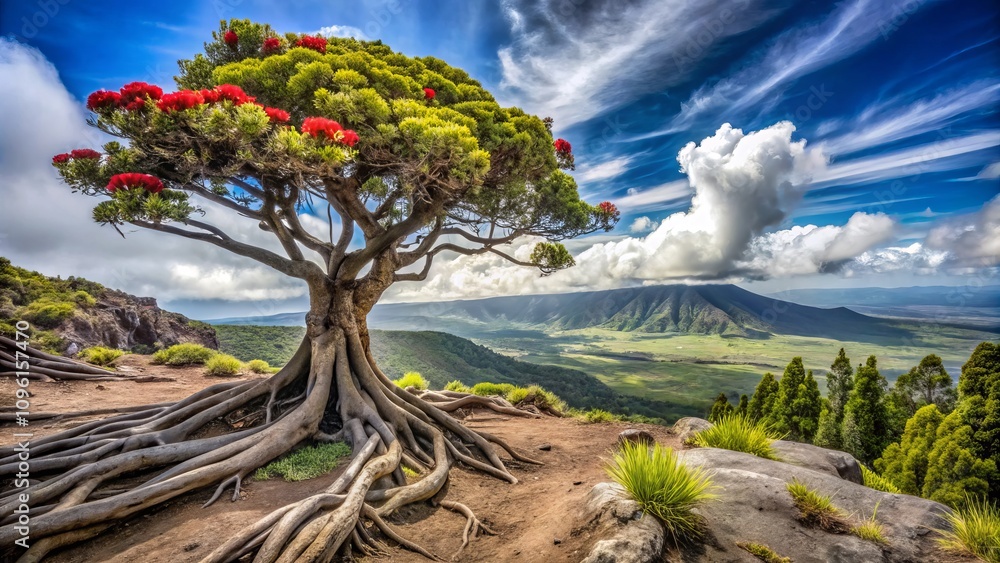 Obraz premium Stunning Roots of an Ohia/Lehua Tree in Hawai`i Volcanoes National Park, Showcasing Nature's Resilience and Unique Ecosystem with Copy Space for Creative Use