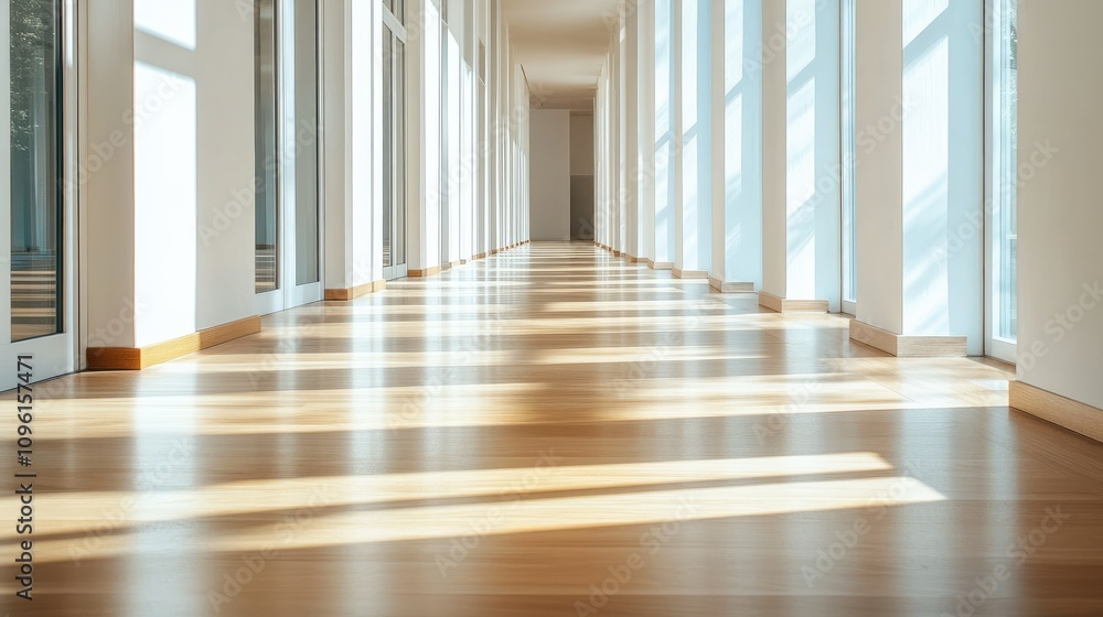 Bright Modern Hallway with Wooden Floor and Large Windows Bright Modern Hallway with Wooden Floor and Large Windows
