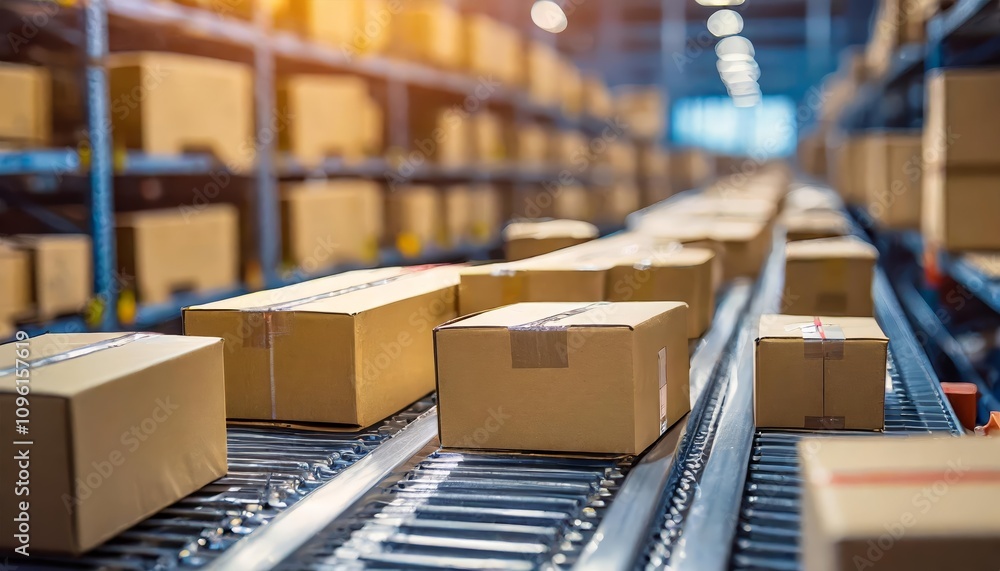 Closeup of Cardboard Box Packages Seamlessly Moving Along a Conveyor Belt in a Busy Warehouse Setting, Depicting Automated Logistics and Efficient Package Handling Processes in Action Closeup of Cardboard Box Packages Seamlessly Moving Along a Conveyor Belt in a Busy Warehouse Setting, Depicting Automated Logistics and Efficient Package Handling Processes in Action