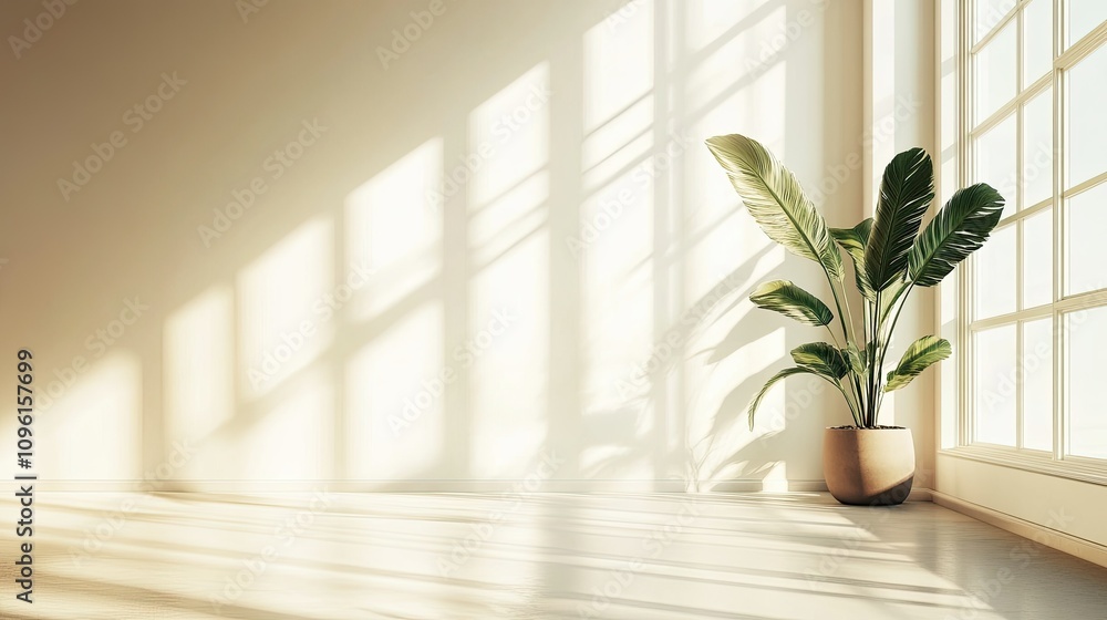 Bright and Serene Interior with Natural Light and Green Plant Bright and Serene Interior with Natural Light and Green Plant