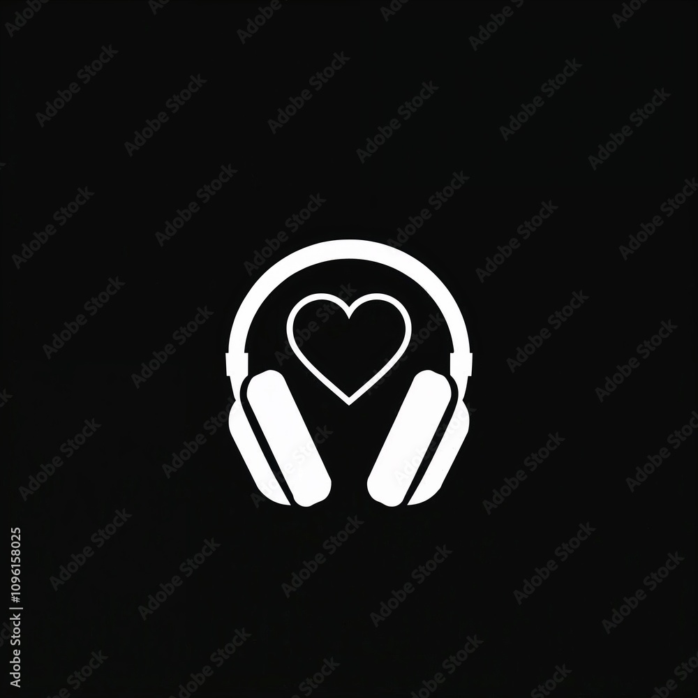 minimalist white icon with headphones and heart outline, symbolizing love for music, on black background minimalist white icon with headphones and heart outline, symbolizing love for music, on black background