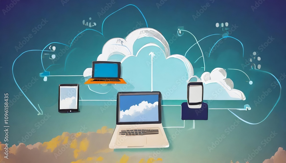 An insightful and detailed illustration showcasing cloud computing, its components, and how it powers modern digital infrastructure, emphasizing scalability, storage, and innovative