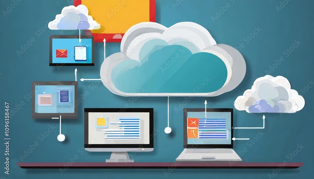 An in-depth and vibrant illustration showcasing the dynamic concepts of cloud computing, including data storage, network integration, and technology scalability for modern digital solutions. An in-depth and vibrant illustration showcasing the dynamic concepts of cloud computing, including data storage, network integration, and technology scalability for modern digital solutions.