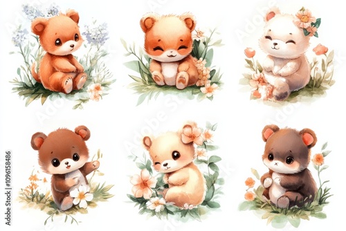 Six square illustrations of adorable animals with unique color schemes in a set.