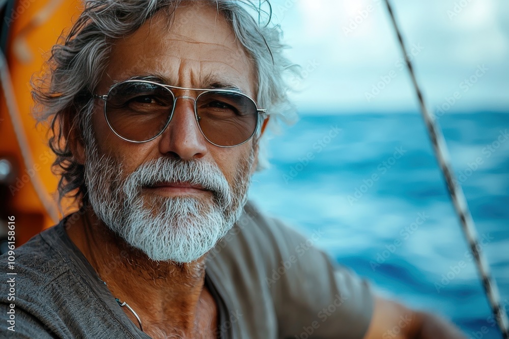 Elderly man with sunglasses sailing on a calm blue sea Elderly man with sunglasses sailing on a calm blue sea