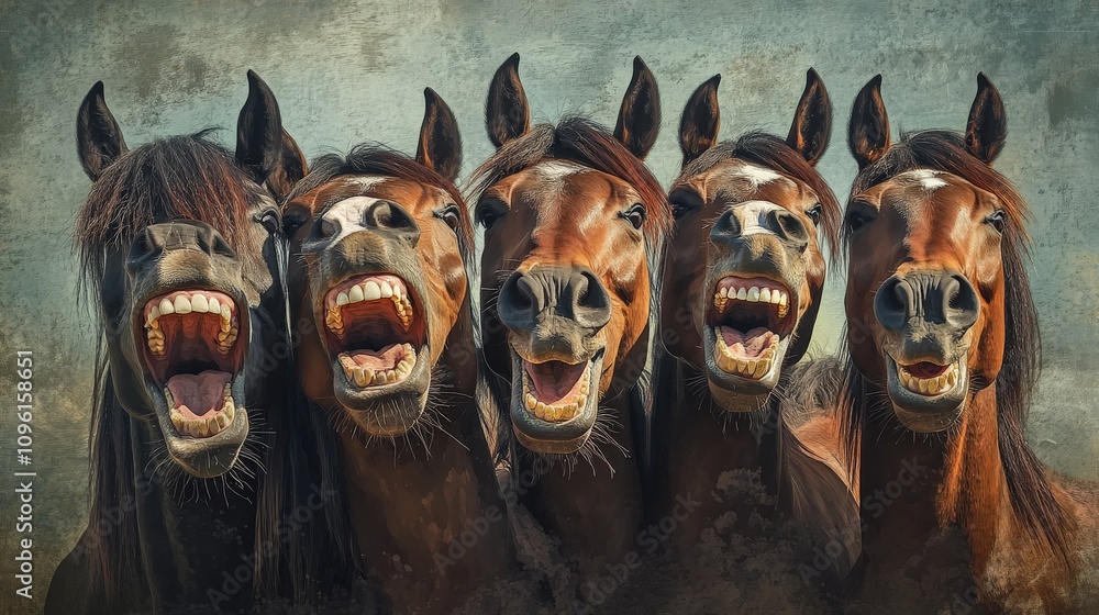 Five Horses Laughing With Open Mouths Five Horses Laughing With Open Mouths