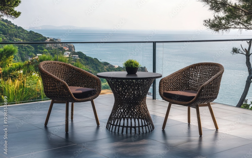 Obraz premium Elegant outdoor furniture consisting of a round table and two dark brown rattan chairs on a black-tiled balcony overlooking a peaceful sea view