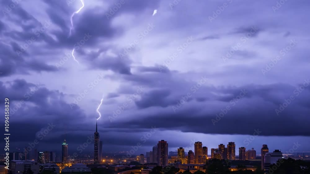 Bright lightning bolts illuminate the sky above a bustling urban skyline during twilight, setting a dramatic scene filled with dark clouds. Bright lightning bolts illuminate the sky above a bustling urban skyline during twilight, setting a dramatic scene filled with dark clouds.