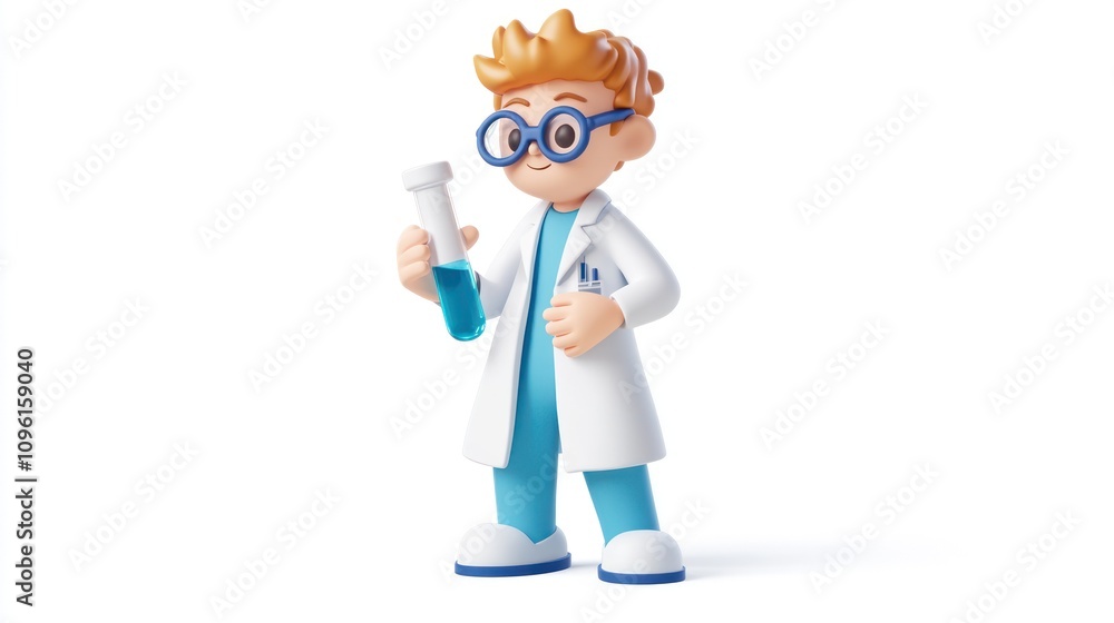 A cartoon scientist holding a test tube with blue liquid, symbolizing research and experimentation. A cartoon scientist holding a test tube with blue liquid, symbolizing research and experimentation.