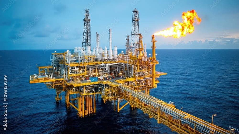 Offshore Oil Platform at Dusk with Gas Flame and Blue Ocean Background