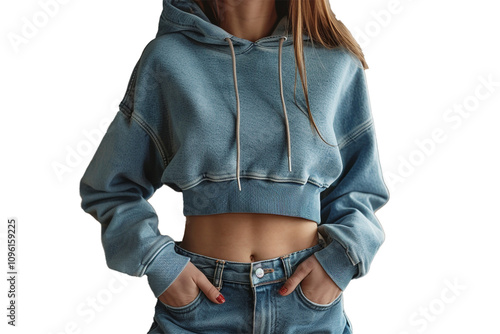 A pair of light wash boyfriend jeans and a cropped hoodie, isolated on transparent background, png file