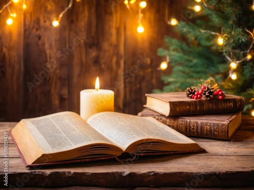 Wallpaper Mural Open Book with Candlelight and Christmas Decorations Torontodigital.ca