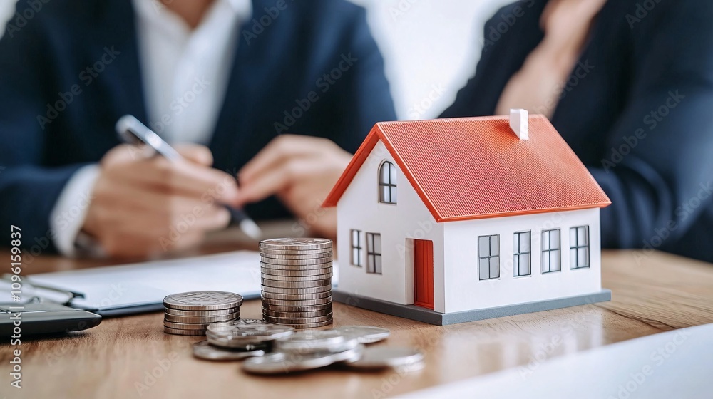 A model house sits on a table surrounded by coins, symbolizing real estate investment and financial planning discussions between two professionals. A model house sits on a table surrounded by coins, symbolizing real estate investment and financial planning discussions between two professionals.