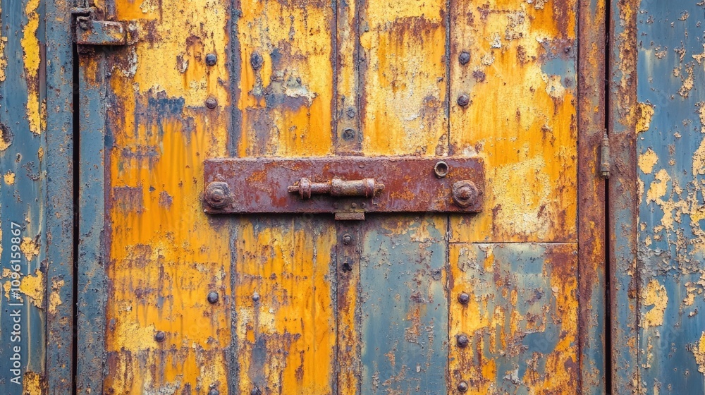 Rusty Metal Door with Flaking Blue and Yellow Paint and a Heavy Locking Mechanism Rusty Metal Door with Flaking Blue and Yellow Paint and a Heavy Locking Mechanism