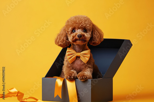 Joyful Brown Poodle in a Stylish Gift Box Surrounded by Vibrant Yellow Background