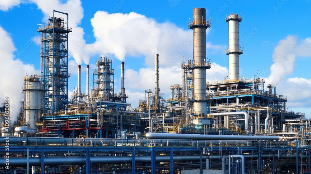 Industrial Complex with Towers and Pipes Against a Blue Sky Industrial Complex with Towers and Pipes Against a Blue Sky
