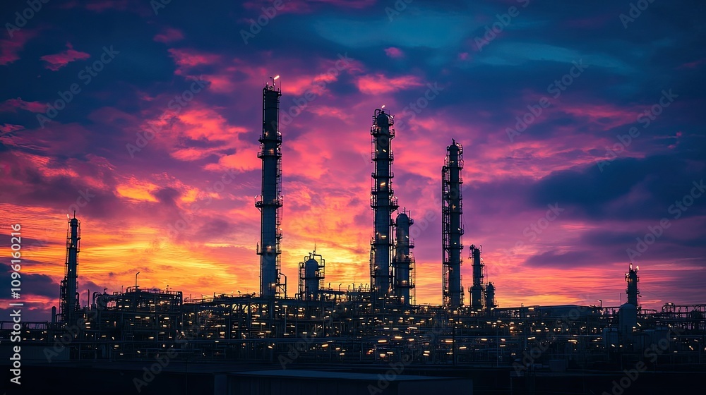 Majestic Industrial Skyline At Sunset With Vibrant Clouds Majestic Industrial Skyline At Sunset With Vibrant Clouds