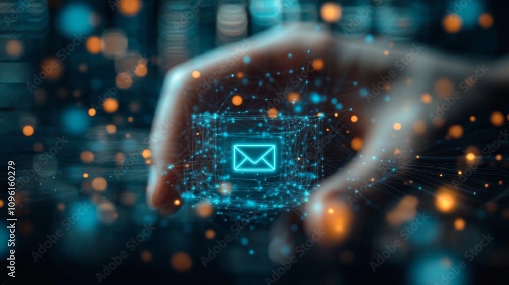 Technology concept: Hand pressing blue email button on blurred cityscape background with network pattern. Futuristic and tech-themed. Technology concept: Hand pressing blue email button on blurred cityscape background with network pattern. Futuristic and tech-themed.